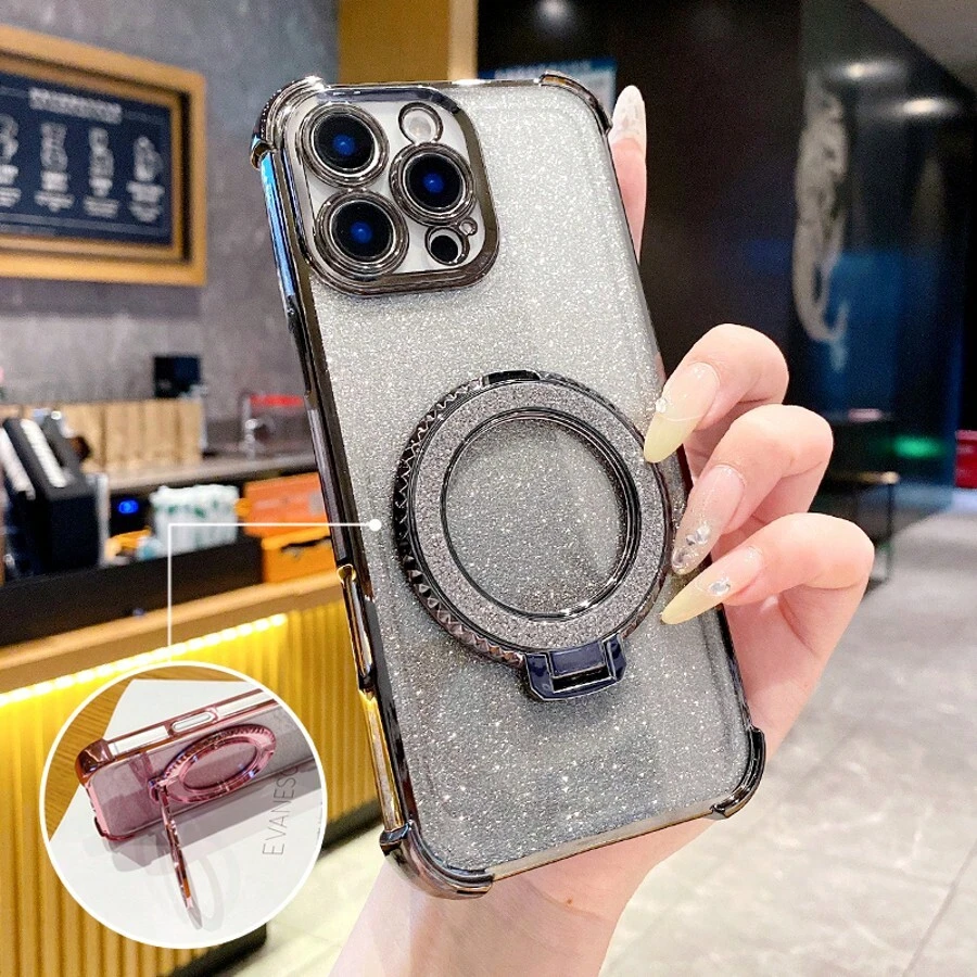 Transparent Electroplated Phone Case With Shock-Absorbing Airbag And Mirror Holder, Compatible With IPhone 16/15/14/13/12/11/XS/XR/XS Max/Plus/X6A/X7B/X8B, Galaxy, P30 Lite, Honor 50/70/90 Lite, OPPO, VIVO V29/Y36/Y21/Y28, /Redmi, MOTO, Realme, Spark GO 2024 Fashionable Anti-Fall Cover Waterproof Scratch Resistant