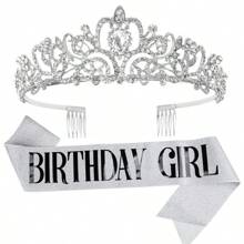 2pcs/Set Baroque Rhinestones Birthday Princess Queen Sash Ribbon Birthday Queen Crown Tiara Rhinestone Birthday Headbands Birthday Sash With Ribbon Pearl Pin Happy Birthday Crown And Sash Ribbon For Birthday Party Ball Decoration Bridal Tiara For 13th 16th 18th, 20th, 30th, 40th, 50th, And 60th 70th 80th Birthdays - Add A Touch Of Elegance To Your Party Decorations Party Supplies Ribbon
