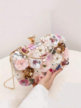 女士迷你手拿包、可爱手提包、时尚个性派对包、手工花卉晚装单肩包