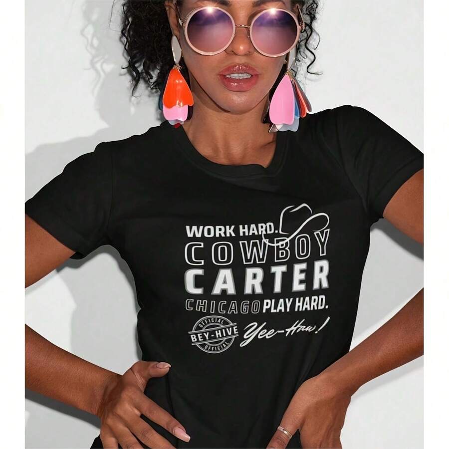 Bey-H-Fan, Cowboy World Carter Tour, CHICAGO-Concer, Uniseks Zwaar Katoenen T-Shirt, Cowboy- Of Cowgirl-Shirt, Cadeau Voor Muziekliefhebbers,Aesthetic Y451K Style Summer Top, Loose Fitting T-Shirt For Outdoor, Home, Work Or Street Leisure, Soft And Durable Pure Cotton Fabric, Retro And Soft Design, I Gift For , Fashionable And Comfortable Shirt For Travel, Festivals Or Weekends - Black - View 1