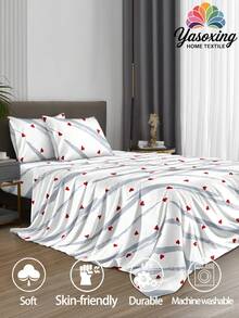 4pcs/Set White Red Heart-Shaped Pattern Sheet Set Easy Care Microfiber Soft Bedding Set Floral Fitted Sheet Set (1pc Flat Sheet+1pc Fitted Sheet+2pcs Pillowcases)Fitted Sheet Set King Queen Full TWIN SIZE Sheet Deep Pocket Up To 11.8 Inch Pillowcase, Soft Breathable Wrinkle-Free Better For Sleep, Luxury Hotel Style, Gift For Mom Dad Friend Domitory Bedding Back School Bedding - White - View 2