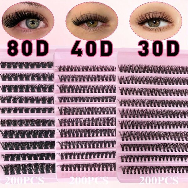 200 piezas Pestañas con mechones dispersos de 8-16 mm, pestañas individuales de aspecto natural, extensiones esponjosas DIY, rizo 30 40 80D - Principiante amigable y reutilizables