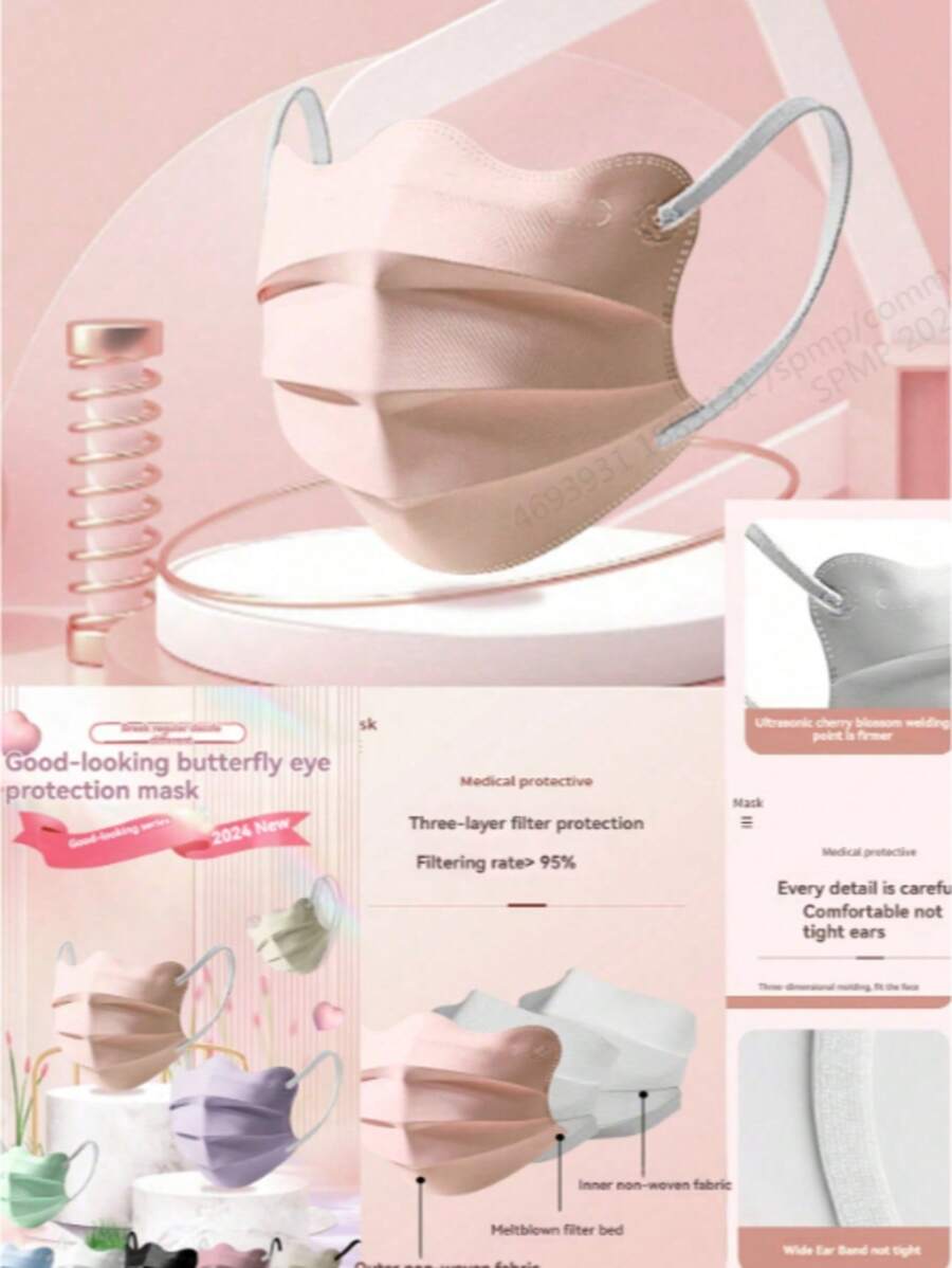 50 piezas/paquete; Tamaño de la máscara: Ancho 9.5cm, Longitud superior 17.8cm, Longitud inferior 19cm; Máscara protectora con forma de mariposa que realza la belleza, disponible en varios colores para satisfacer el deseo de belleza e individualidad de las personas. Mientras protege la salud, también puede mostrar el sentido de la moda personal; El diseño ergonómico crea un producto de máscara cómodo y de moda.