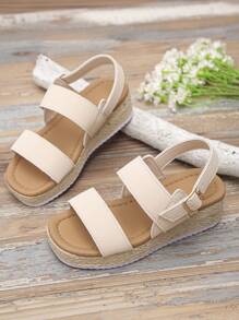 1 pereche de sandale bej pentru adolescente și fete tinere (alergătoare mari), sandale de plajă la modă cu vârf pătrat și talpă groasă, pantofi de vară confortabili și ușori pentru copii, potriviți pentru școală și purtare zilnică