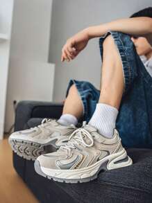 New Casual Versatile Men's Chunky Sneakers, Retro Patchwork Design, Lace-Up Low-Top Breathable Lightweight Outdoor Sports Shoes, Suitable For All Seasons