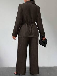 Women Plus Size Long Sleeve Layered Texture Linen Look Shirt And Pants Set - Brown - View 5