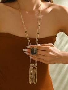 1pc Vintage Style Silver-Color Long Chain Tassel Necklace, Bohemian Design, Suitable For Daily Wear - Bohemian Necklace - View 6