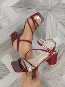 Women's High Heel Sandals, Burgundy, Square Toe Chunky Heel, Fashion Elegant Formal Shoes, Suitable For Parties And Galas - Burgundy - View 5