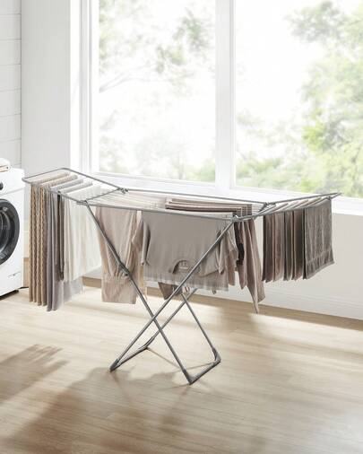 Clothes Airer, Foldable Clothes Drying Rack, Clothes Horse With Gullwings, Free-Standing Laundry Rack, Indoor Outdoor Use, Bed Linen Clothing, Grey