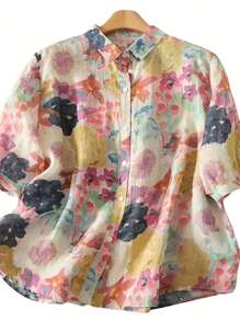 Plus Size Women's Short Sleeve Button-Down Blouse With All-Over Floral Print Lapel Collar - Casual Daily/Festival/Travel Outfits For Spring Summer Fall Evening Occasions