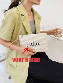 1pc Customized Women's Straw Clutch Bag, Can Customize Your Name, Bohemian Summer Beach Bag With Zipper, Wrist Strap Wallet, Fits Phone, Coins & Keys - Lightweight, Washable, Polyester Lining - Khaki/Beige, Beach Accessory | Bohemian Style | Woven Material, Beach Bag - Multicolor - View 3