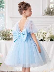 浅蓝色手工珍珠蝴蝶结优雅公主裙，适合女孩生日派对、舞会、婚礼、花童礼服、节日庆典等场合。 - 藍色 - 查看 1