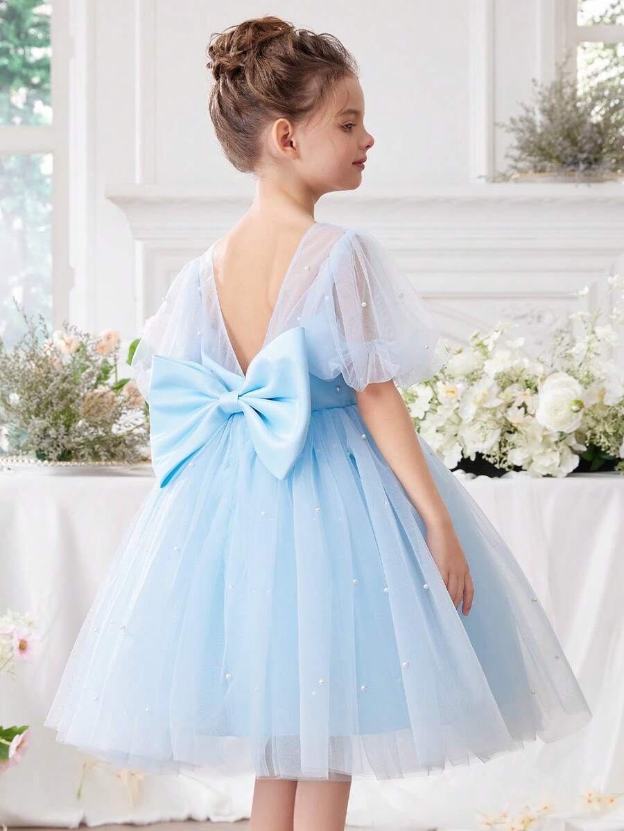 浅蓝色手工珍珠蝴蝶结优雅公主裙，适合女孩生日派对、舞会、婚礼、花童礼服、节日庆典等场合。 - 藍色 - 查看 1