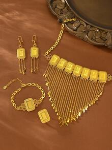 5-Piece Set: Elegant Rose Design Jewelry Set Including Necklace, Bracelet, Earrings, Ring. 24K Gold Plated Copper Meteor Shower V-Shaped Tassel Necklace, Gift For Mother's Day, Valentine's Day, Women