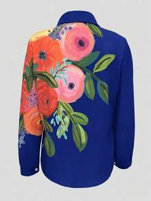 ii Plus Size Casual Ditsy Floral Collared Blouse, Suitable For Spring And Autumn - Royal Blue - View 2