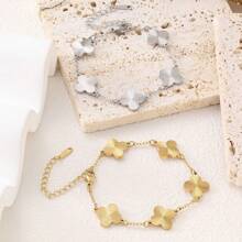 1pc 18K Gold Stainless Steel Premium Handcrafted Four-Leaf Clover Bracelet, Suitable For Women's Daily Wear