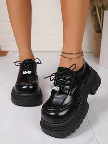 Cute Comfortable Loafers, Retro Round Toe Platform Oxford Shoes With Distressed Finish - Big Head Black - View 3