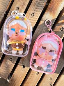 1 件带钥匙扣的趣味透明人物展示袋 - 盲盒便携盒、储物挂袋、钥匙扣袋配件、收藏品、防尘储物袋、悬挂展示盒、保护套、方便悬挂在背包上，是送给粉丝、朋友、派对礼物的理想礼物，可容纳化妆品、盲盒、小雕像、配饰（不含娃娃）