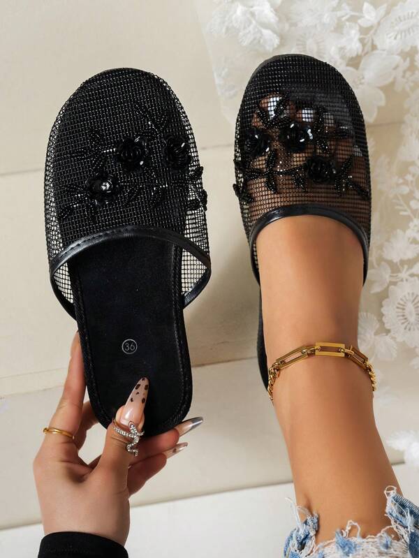 Women's Retro Style Flat Beach Sandals With Hand-Beaded And Sequin Flower Decor, EVA Lightweight And Soft Sole, Breathable Mesh Upper, Classic Comfortable Slides, Suitable For Spring/Summer, Black