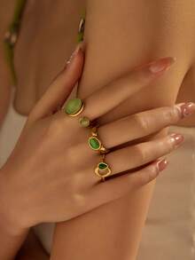 3 Stücke Edelstahl Damen Mode minimal goldfarben eingelegt grüner Katzenauge Edelstein Ring Set, geeignet zum Tragen oder als Geschenk für Damen