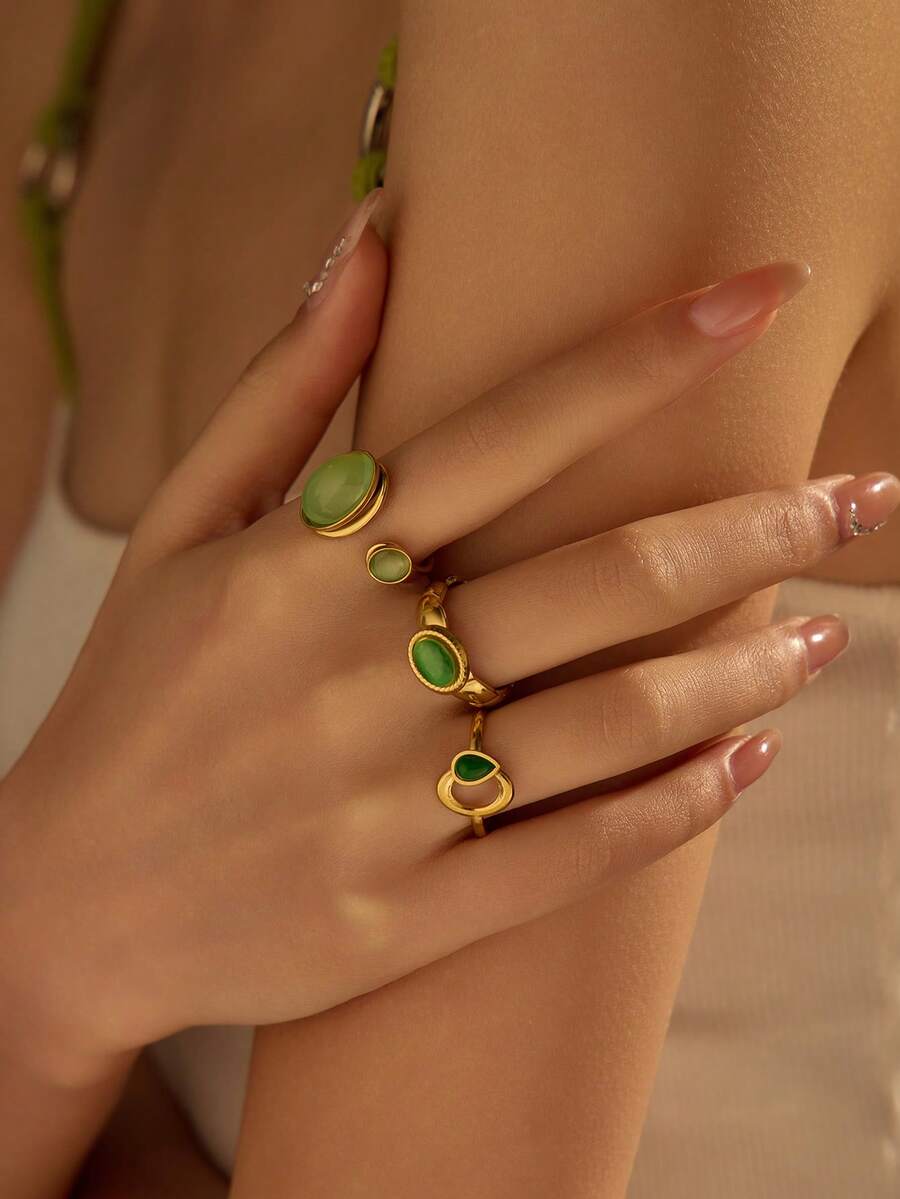 3 Stücke Edelstahl Damen Mode minimal goldfarben eingelegt grüner Katzenauge Edelstein Ring Set, geeignet zum Tragen oder als Geschenk für Damen
