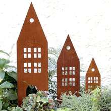 3PCS Rusty Castle-Shaped Metal Houses Silhouette, Decorative Garden Stakes, Vintage Artistic Outdoor Decor For Gardens Flowerbeds Lawns Patios - Rust Brown - View 2