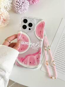 حافظة هاتف نسيج كريمي مموج بألوان تدرجية لرسم البطيخ والفراولة، مقاومة للسقوط مع زخرفة سوار مزين بزهور مصنوعة يدويًا ، متوافقة مع آيفون، ريدمي 10/9/نوت 9/12C/نوت 11 برو/نوت 8 برو - متعدد الألوان - مشاهدة 3