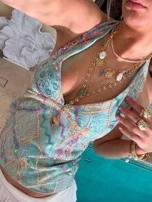 Women Sequin Beaded Halter Tops Y2k Sparkly Sleeveless Hanging Neck Slim Fit Crop Tank Top Summer Backless Low Cut Glitter Cami Vests Shirts Cute Going Out Tops Vintage Aesthetic Clothes Beach Vacation Party Streetwear - 藍色 - 查看 2