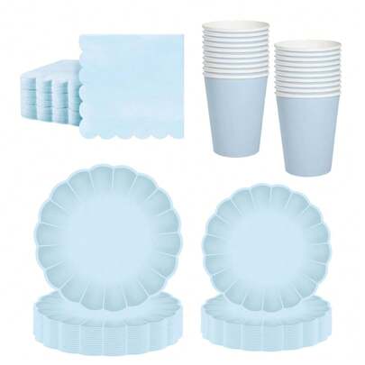 Conjunto de 10/20/40/50 peças, pratos de papel recortados azuis, copos e guardanapos, prato de papel em formato de leque de 9 polegadas e 7 polegadas, bandeja de jantar descartável com borda de concha, copo de papel, toalha de papel, decoração de festa de aniversário e casamento (azul claro), presente de dia das mães, suprimentos para festa de aniversário e casamento, piquenique diário, bandeja de acampamento