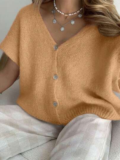 Women's Cap Sleeve Cardigan Thin Knit Sweater