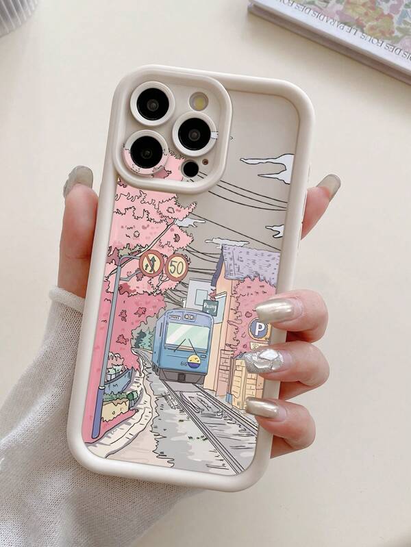 1pc Train & Cherry Blossom Pattern Protective Phone Case With Precise Camera Cutout, Thick And Durable, Compatible With Apple 11 Pro Max, 12 Pro Max, 13 Pro Max, 14 Pro Max, 15 Pro Max, 16 Plus, 16 Pro Max, 16E, Galaxy A55, A15, S24 Ultra, Redmi, OPPO, Realme, VIVO, Infinix, Honor, MOTO, One Plus Waterproof Shockproof Anti-Fall Scratch Resistant
