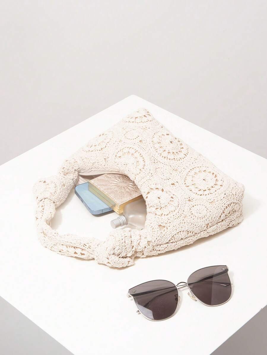 Túi Tote Dệt Móc Hoa Rỗng Cho Nữ, Bộ Móc, Túi Đi Biển Bằng Rơm Boho, Đồ Dùng Thiết Yếu Khi Đi Du Lịch, Trang Phục Đi Nghỉ Cho Nữ (Họa Tiết Ngẫu Nhiên) - Màu be - Xem 1