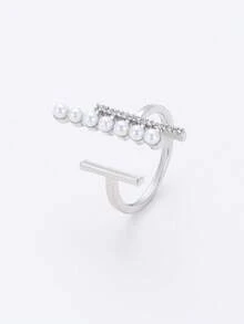 1件春季/独家设计，高端仿珍珠女士精致铜质微镶嵌锆石开口戒指，适合节日/派对/商务/校园/日常佩戴，欧洲/圣诞节冬季圣诞礼物 - 銀色 - 查看 5