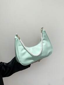 Bolso de hombro en forma de media luna con cadena de perlas, elegante bolso bandolera, bolso de mano mini, bolso casual para exteriores, versátil bolso para viajes