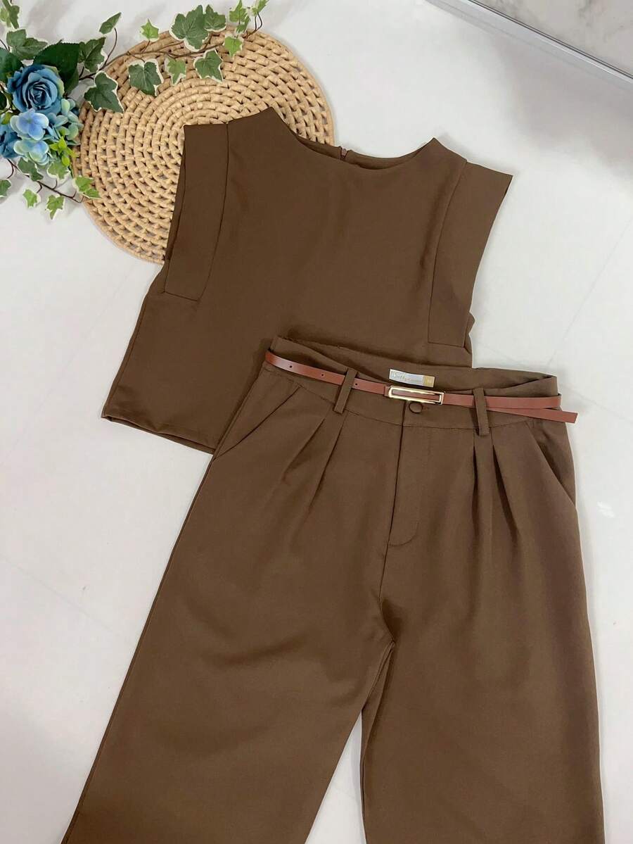 Women's Set: Summer Sleeveless Solid Color Round Neck Top And Wide Leg Pants With Belt And Bag - Rust Brown - View 1