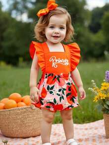 Infant Baby Girls' Letter Print Ruffle Back Cross Strap Avocado All Over Print Bodysuit + Headband Set - Multicolor - View 10