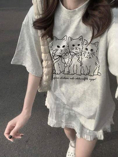 Oversized Casual Cat Print Short Sleeve Cotton T-Shirt For Women, Summer
