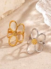 1 pieza Anillo con diseño floral dramático de acero inoxidable enchapado en oro de 18K, joyería de moda para que las mujeres puedan usar a diario, de viaje o en fiestas