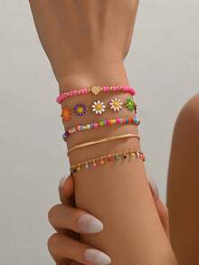 5 pièces/set Bracelet bohème frais et doux en émail à fleurs de marguerite. Accessoires féminins avec bracelet à gouttes de peinture à l'huile florale. Perles de couleur dopamine d'été assorties, convient pour les cadeaux, les voyages quotidiens et le port - Multicolore - Voir 7