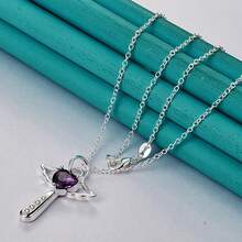 925 纯银镀紫色 AAAAA 锆石天使十字架 16-30 英寸吊坠项链 女士婚礼派对饰品 - 銀色 - 查看 2