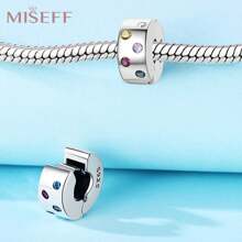 MISEFF 1 Pc Genuine S925 Sterling Silver Charm Synthetic Zirconia Fixed Clip Locator Clasp Pendant Suitable For DIY Bracelet Necklace Luxury Fine Jewelry Making Ladies Birthday Gift For Friends