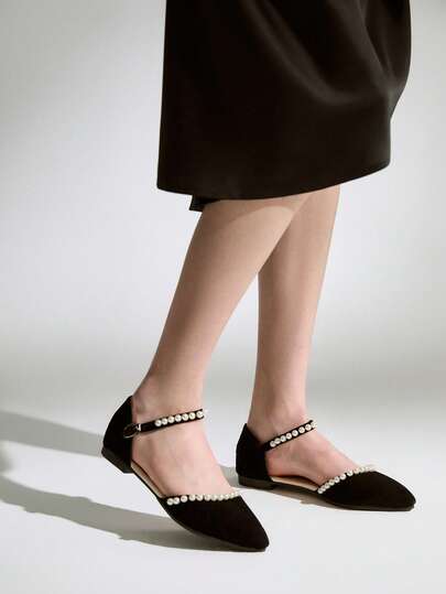 女士尖头平底凉鞋，珍珠装饰搭扣设计，镂空休闲鞋，四季皆宜，圣诞节冬季礼物