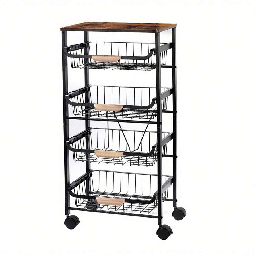 Removable Spice Rack, Fruit Vegetable Basket For Kitchen, 5 Tiers Large Pull-Out Wire Basket With Wooden Top And Wheels For Fruit Vegetable Onion Potato Snacks, Kitchen/ Restaurant Storage Rack Trolley, Black - Black - View 1