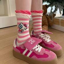 Sanrio 1Pair Sanrio For Hello Kitty & Friends Women'S Kawaii Cat Crew Socks - Cute Cartoon Designs, Breathable Polyester, Perfect For Work & Casual Wear, Available In Multiple Colors, Cute Socks
