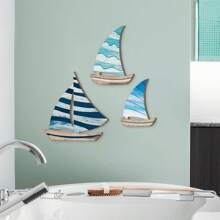 3 Pezzi di Quadri da Parete in Legno con Barca a Vela Blu per Decorazione Casa e Ufficio, Decorazione da Parete Stile Fattoria con Barca a Vela Carina per Casa, Soggiorno, Camera da Letto, Decorazioni Estive per Casa, Spiaggia