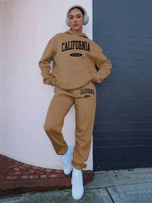 Conjunto mujer deportivo casual sudadera capucha estampado letras corte holgado manga larga otoño invierno uso diario exterior set de dos piezas - Marrón - Ver 2