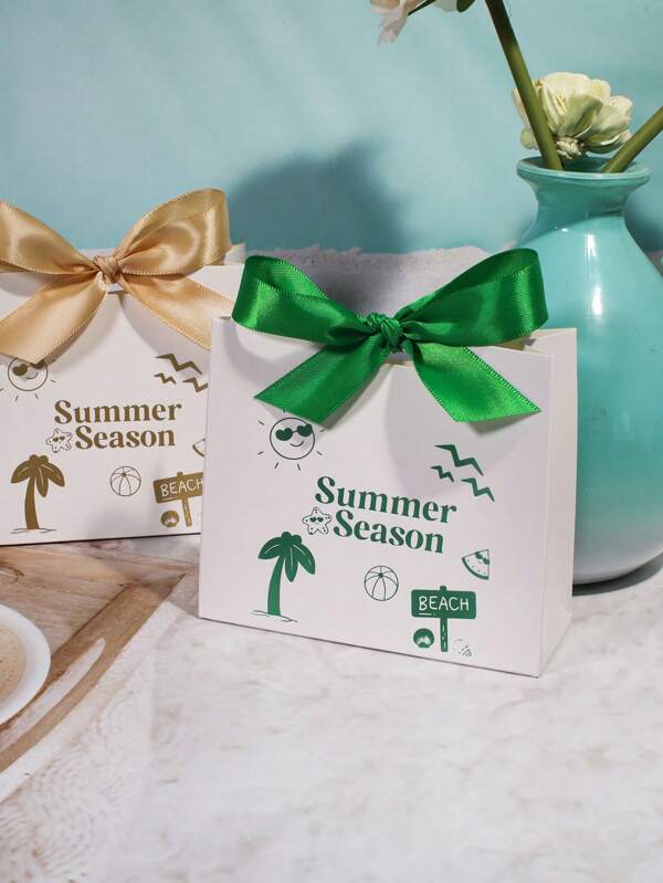 Set de 5 bolsas de regalo de verano con cinta de satén, bolsas de favor con tema de playa para fiestas de verano, eventos festivos, cumpleaños, baby shower, empaquetado de golosinas para niños, con estampado de palmeras y sol, bolsas de papel reutilizables para caramelos, juguetes pequeños, regalos de vuelta, suministros de decoración tropical