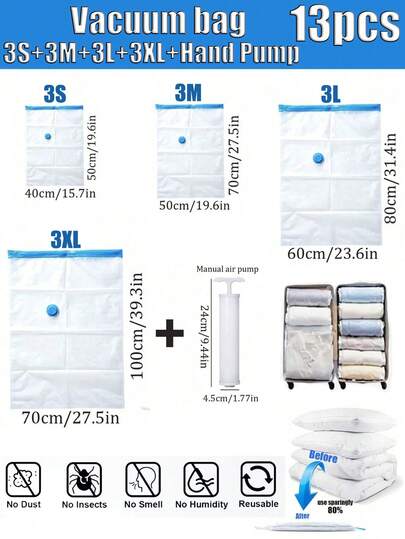 13-1PC Travel Vacuum Bags,Vacuum Storage Bags,Large Capacity Vaccume Bags,Packing Cubes Compression Vacuum Backpack,Storage Bag,Compression Packing Cubes,Vacuum Bags With Pump,Travel Bag,Storage Box,Vacuum Pump,Applicable To Bedroom,Luggage,Clothes Storage,Dresses For Women,Summer Travel Essentials,Holiday Essentials