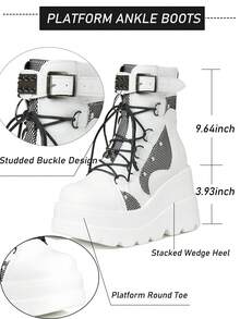 Gothic Platform Combat Boots Wedge Heel Lace Up Ankle Motorcycle Goth Rivet Buckle Fashion Women Booties Shoes - White - View 7