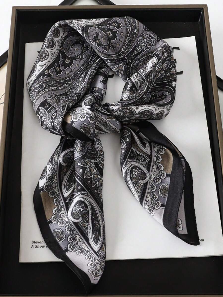 1 件波西米亚佩斯利图案 27.5 英寸 X 27.5 英寸真丝围巾，时尚设计，适合日常穿着 - 黑色 - 查看 1